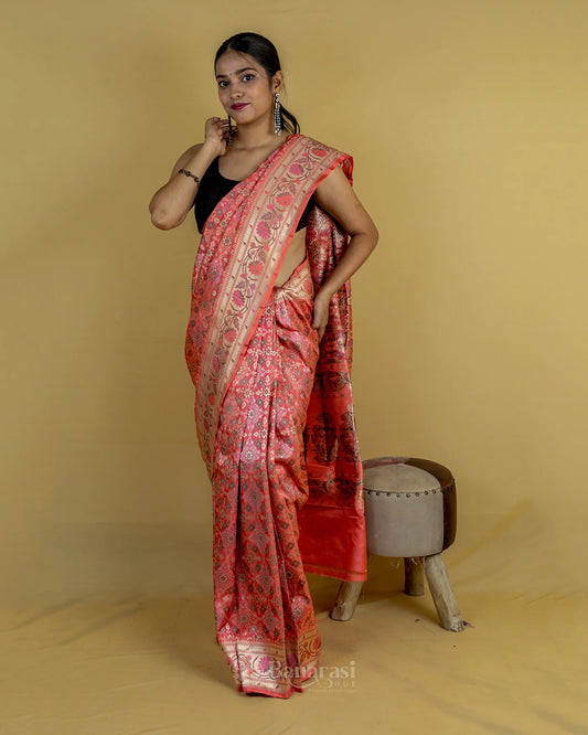 Peach Ikkat Handwoven Katan Banarasi Silk Saree
