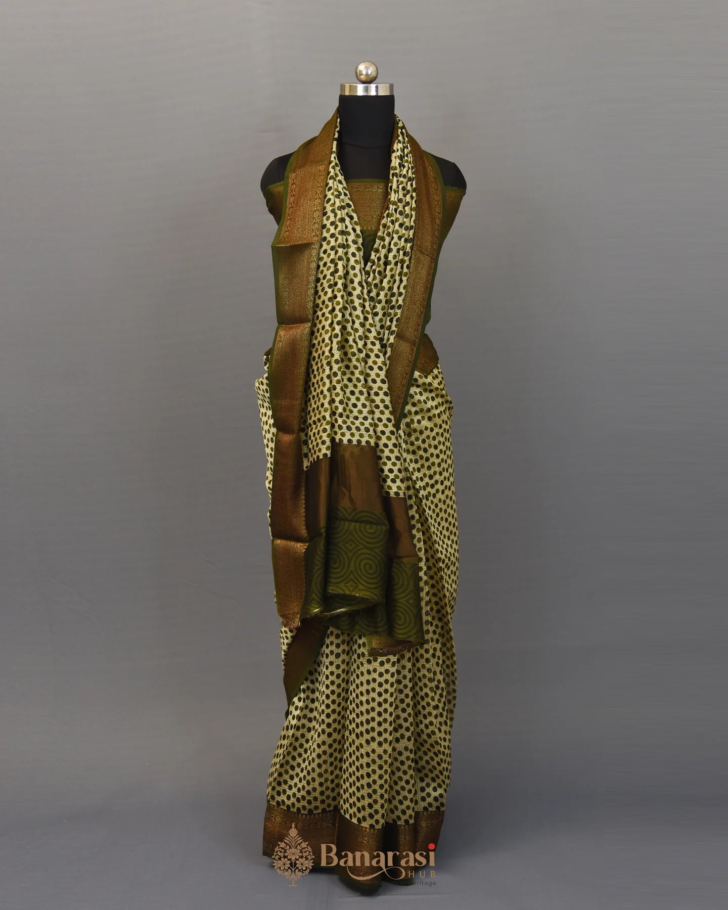 Beige With Green Polka Dot Chanderi Banarasi Silk