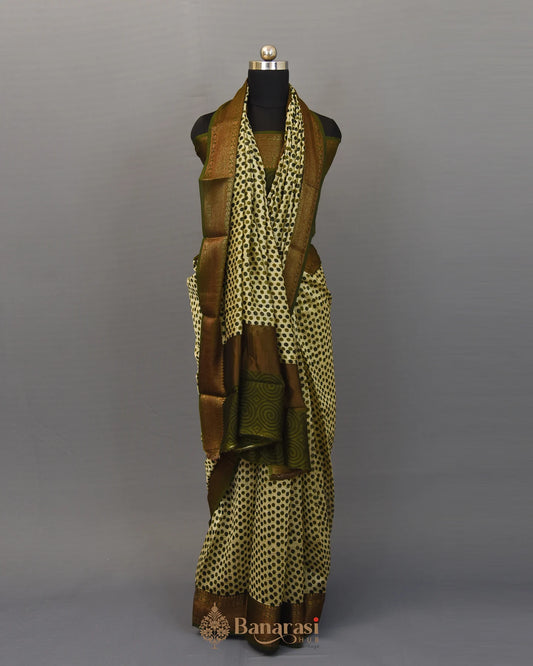 Beige With Green Polka Dot Chanderi Banarasi Silk