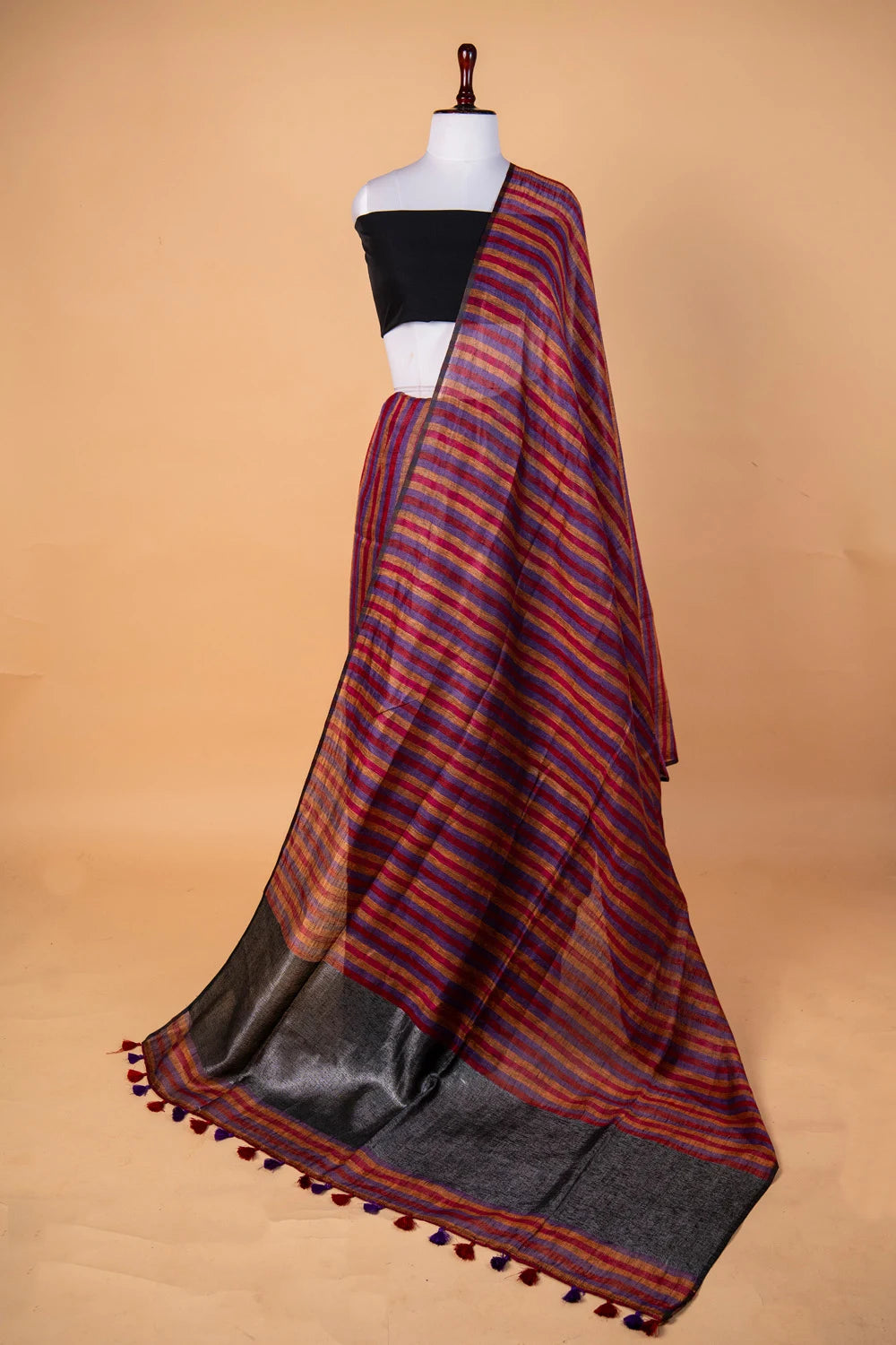 Multi Color Striped Pure Linen Saree