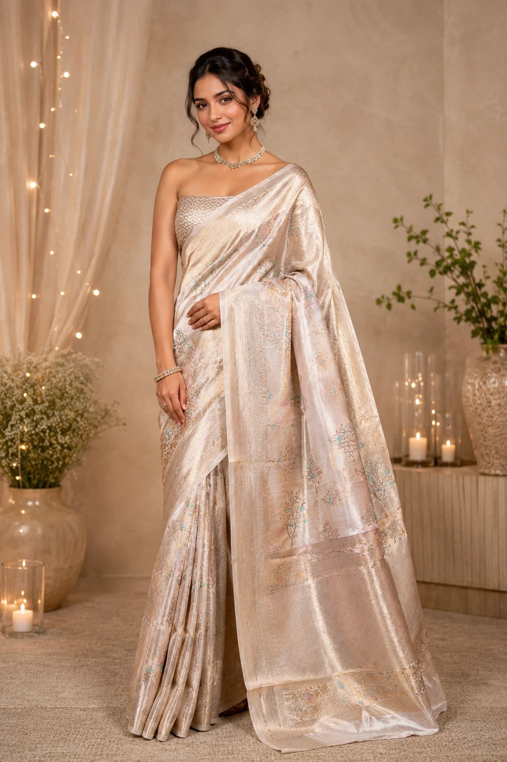 Rekhaji Inspired Silver Tissue Silk Saree