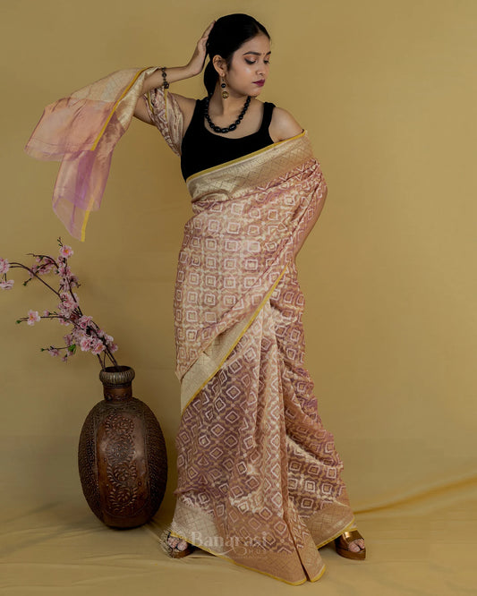 Golden Metallic Pink Tissue Banarasi Silk Saree