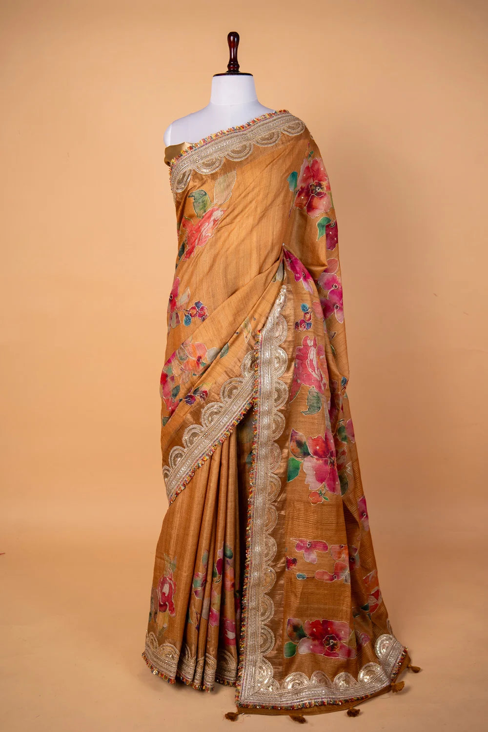Beige Floral Embellished Tussar Silk Saree