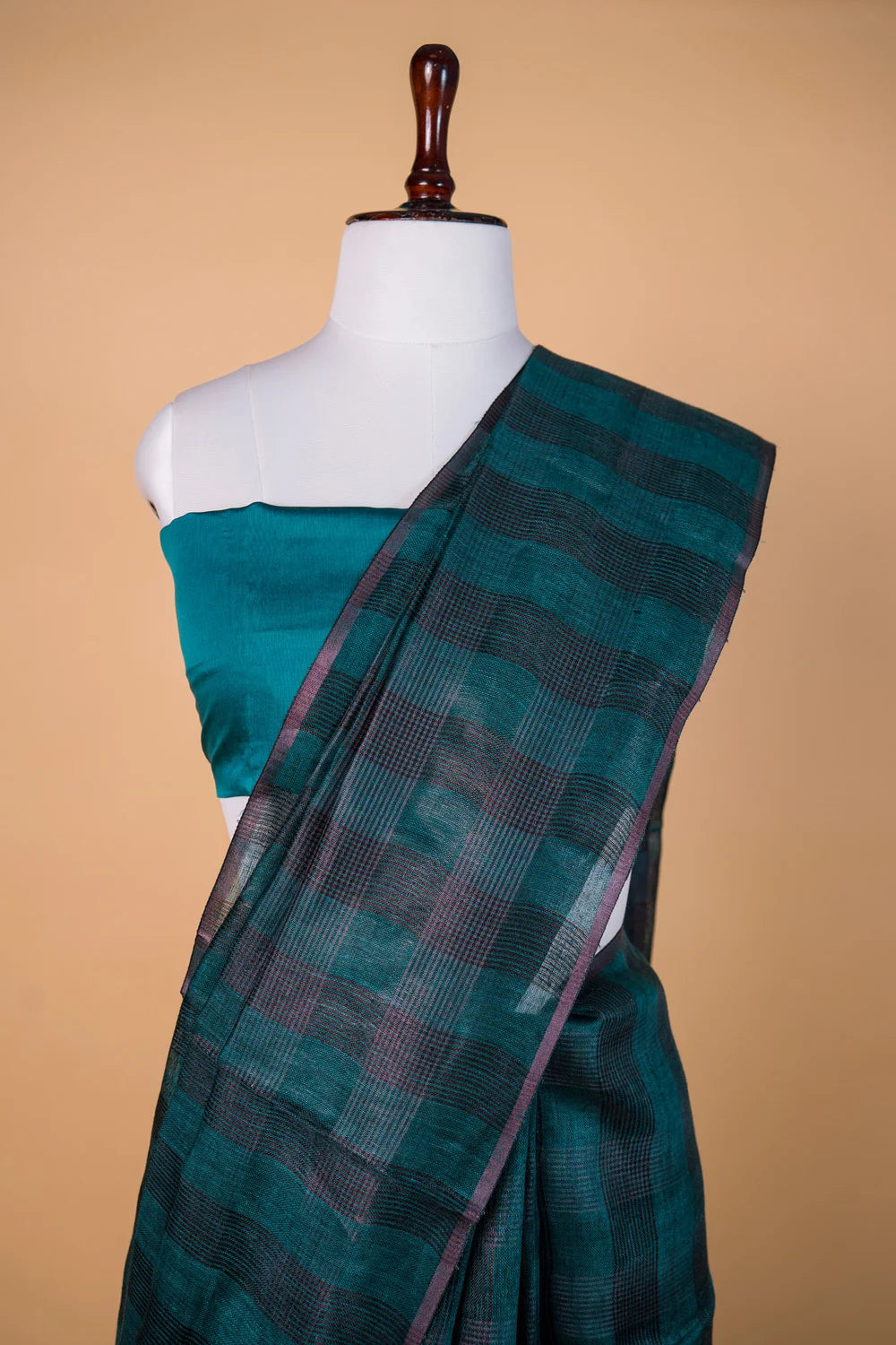 Rama Green Checks weaving Pure Linen Saree