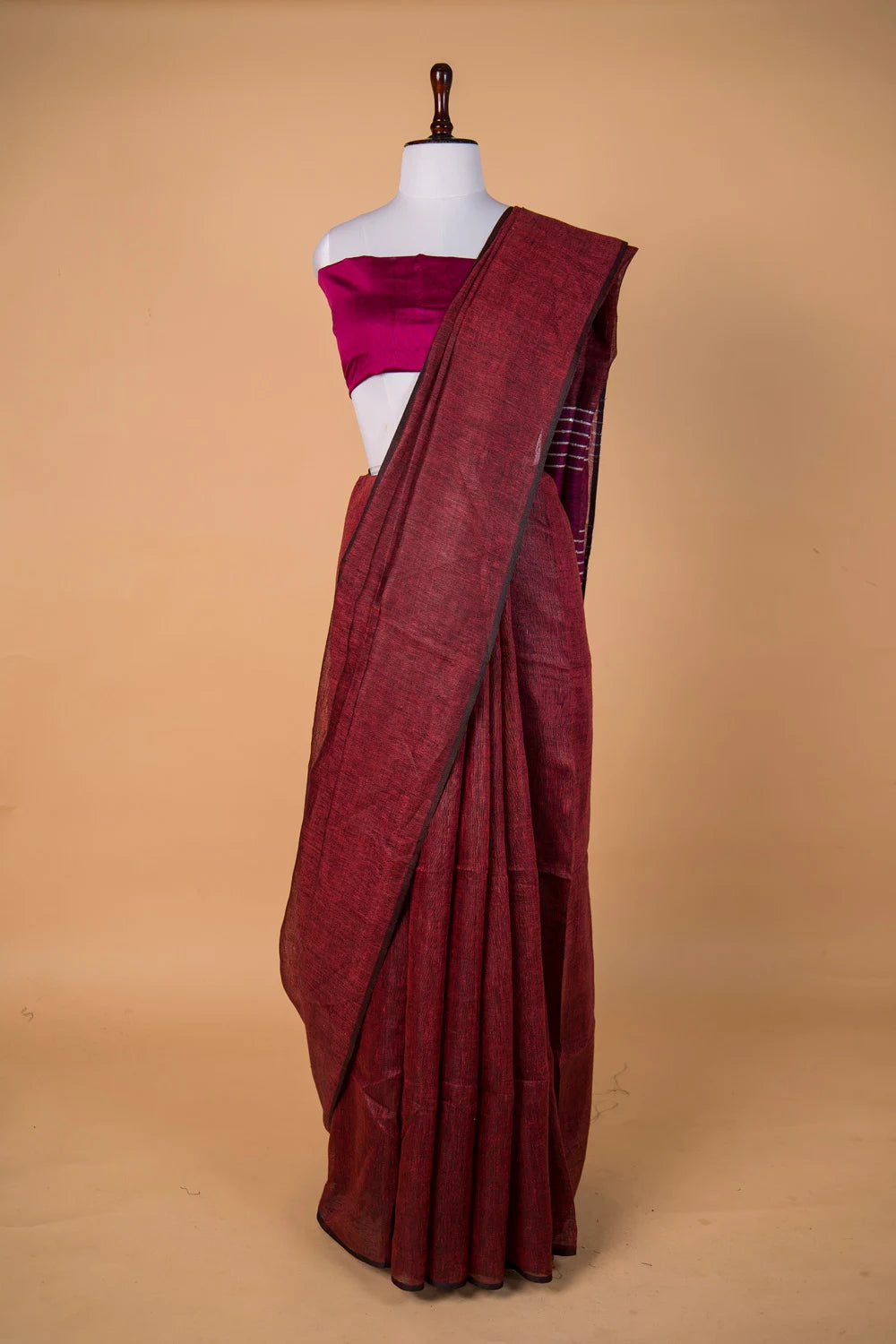 Brick Red Pure Linen Saree