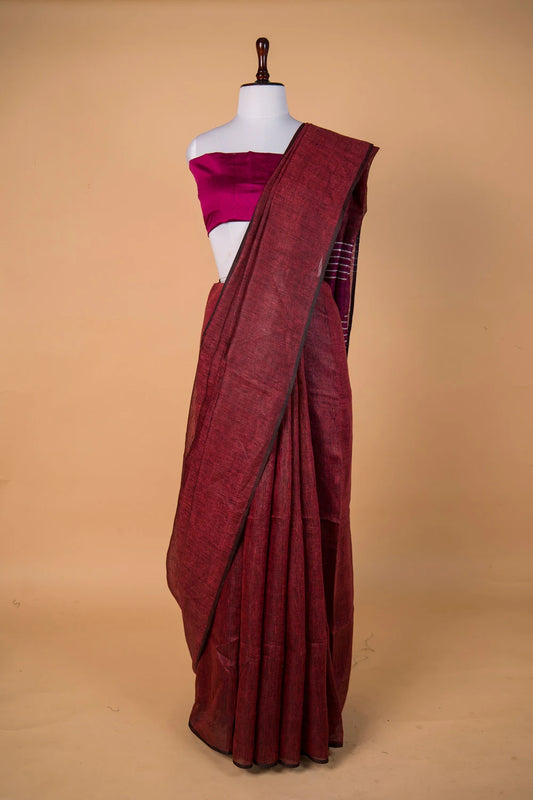 Brick Red Pure Linen Saree