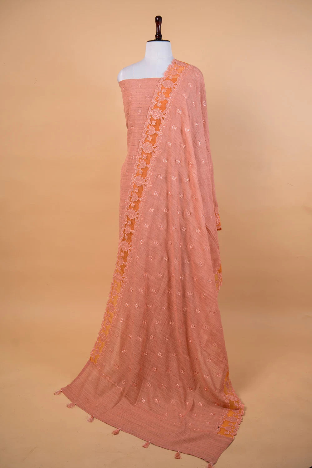 Peach Cut Work Matka Linen Suit