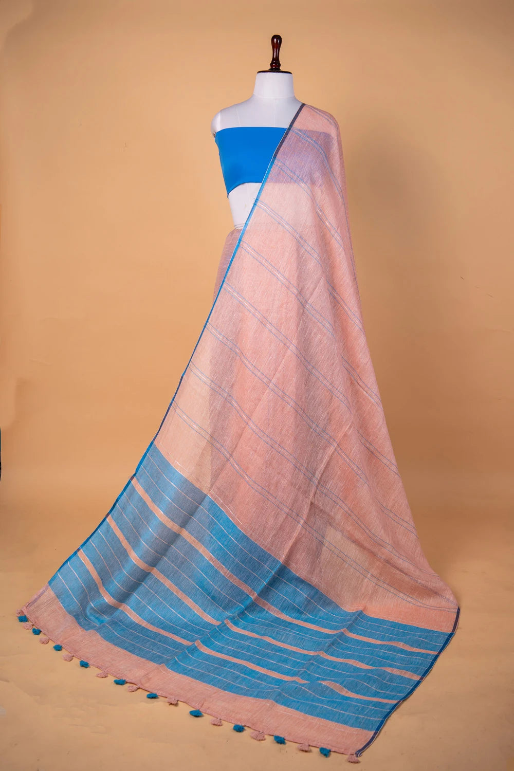 Peach & Blue Stripes Pure Linen Saree