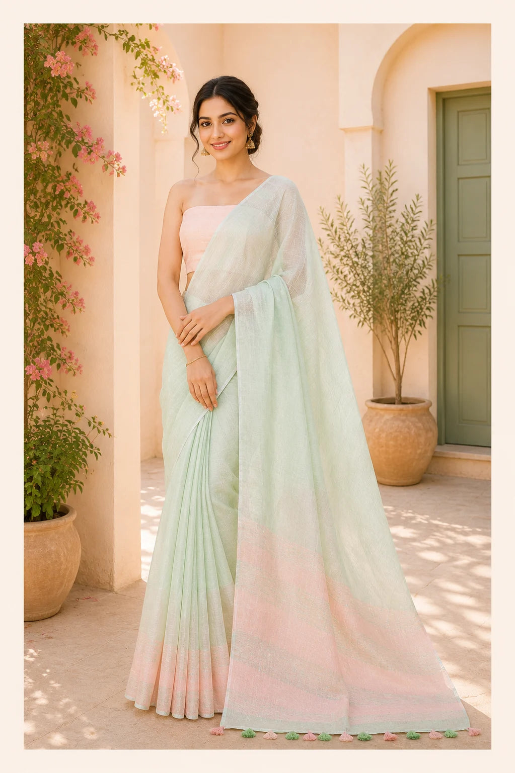 Liril Green Pure Linen Saree