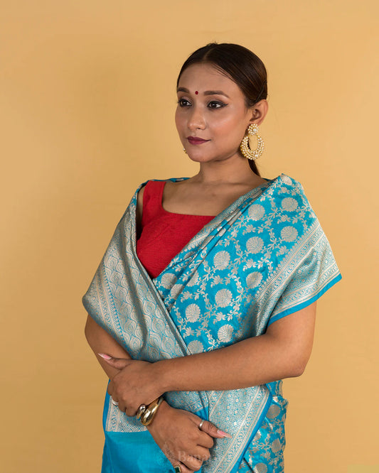 Ocean Blue Uppada Katan Banarasi Silk Saree