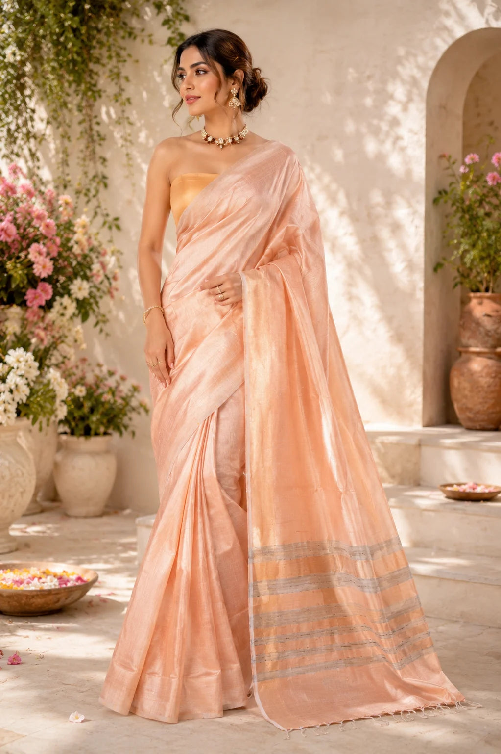 Light Peach Handloom Raw Silk Saree