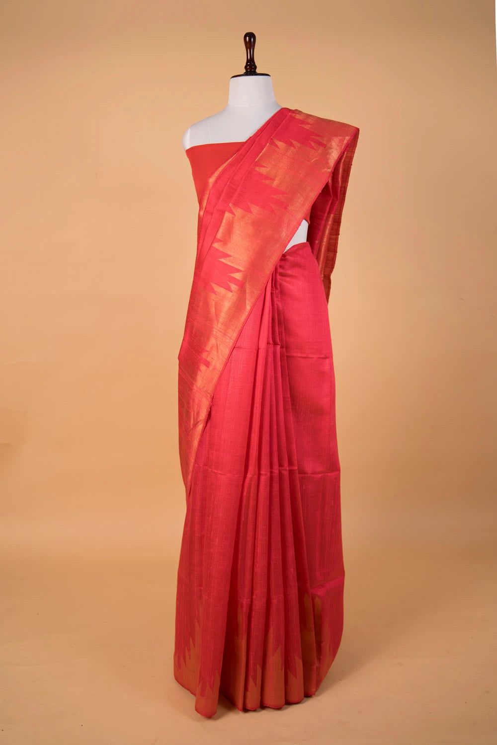 Hot Pink Temple Border Raw Silk Saree