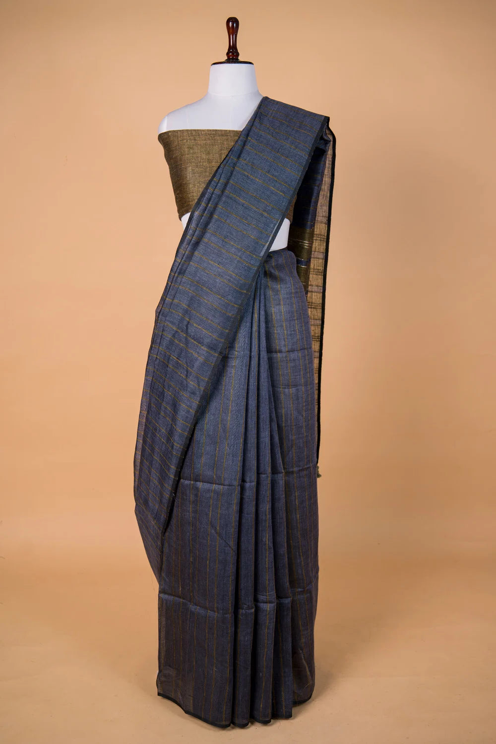 Blue Striped Pure Linen Saree