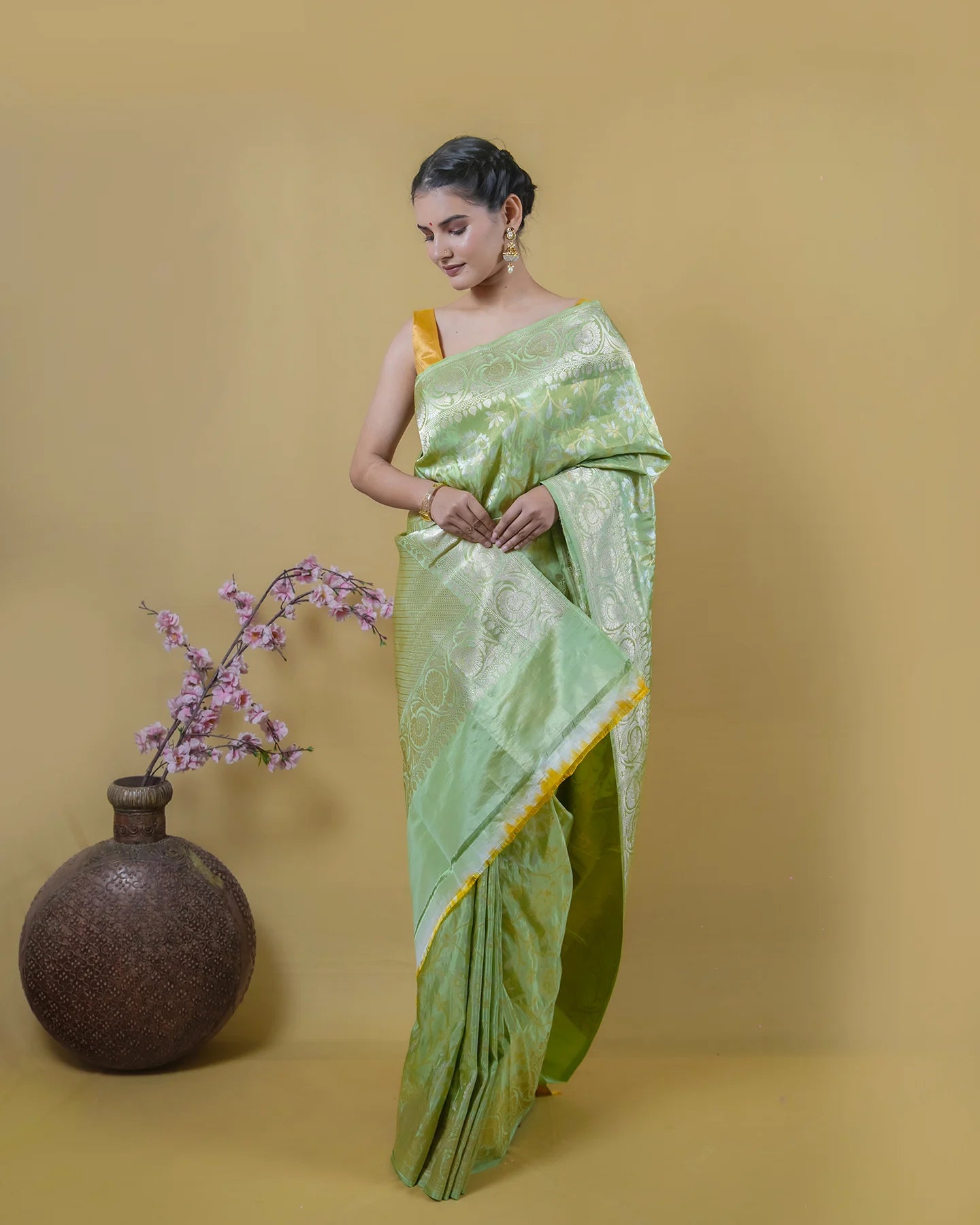 Pista green Tissue Katan silk banarasi saree