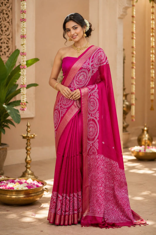 Rani Pink Resham Buti  Raw Silk Saree