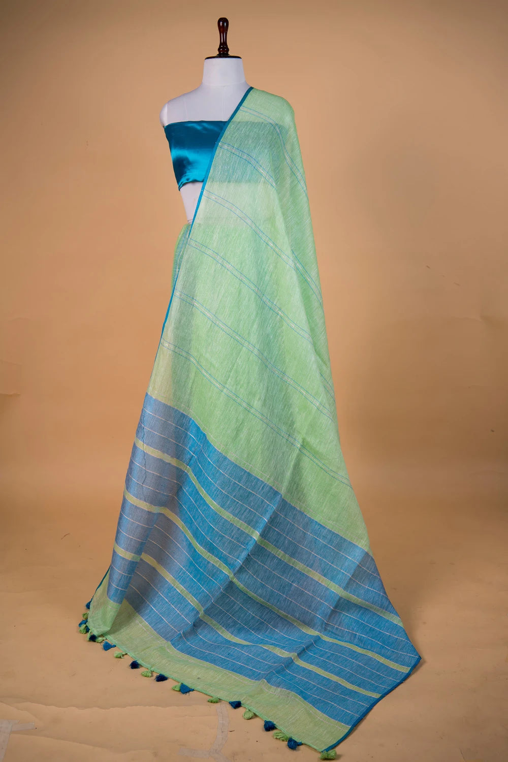 Pista Green & Blue Stripes Pure Linen Saree