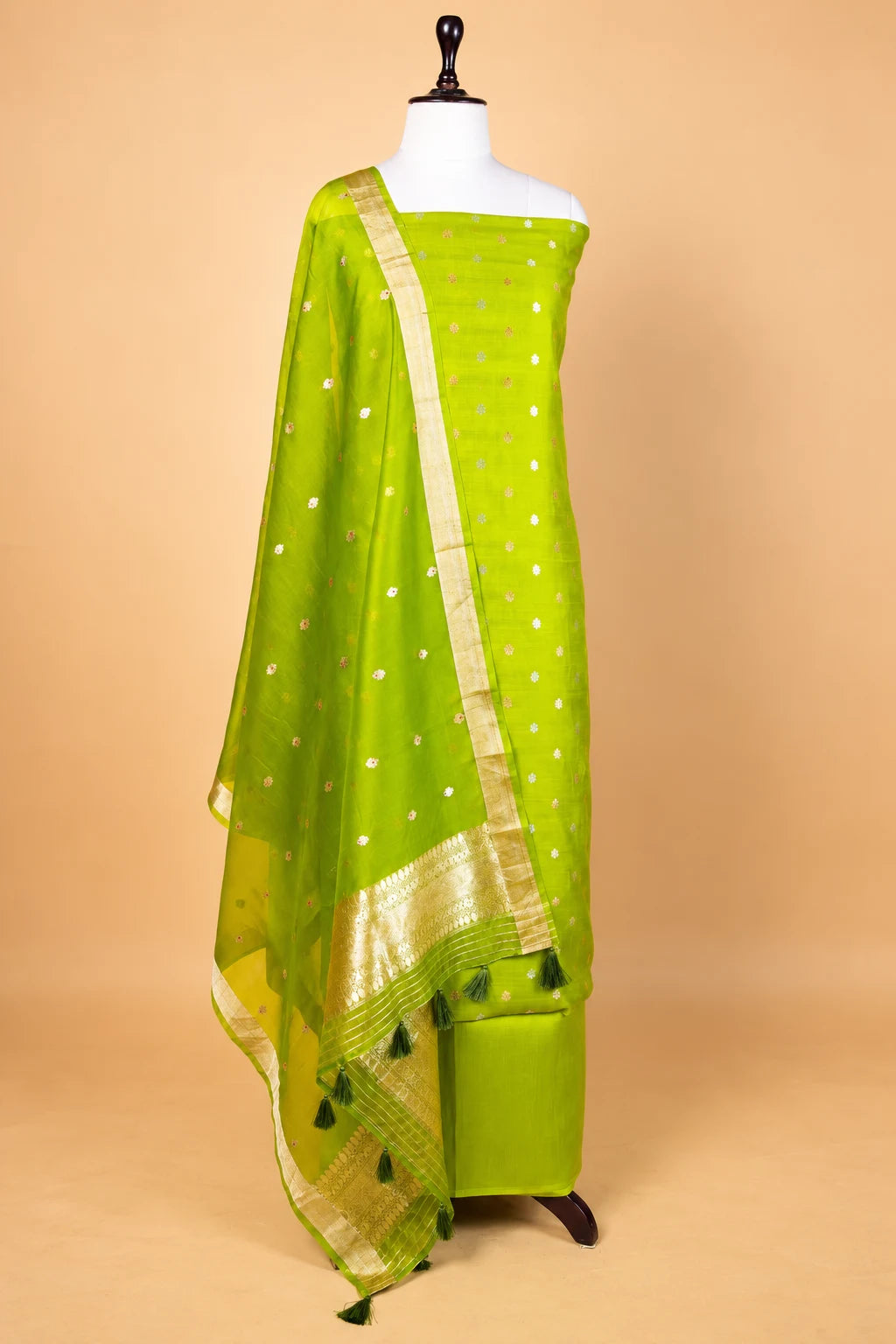 Olive Green Handwoven Chiniya Silk Suit Set