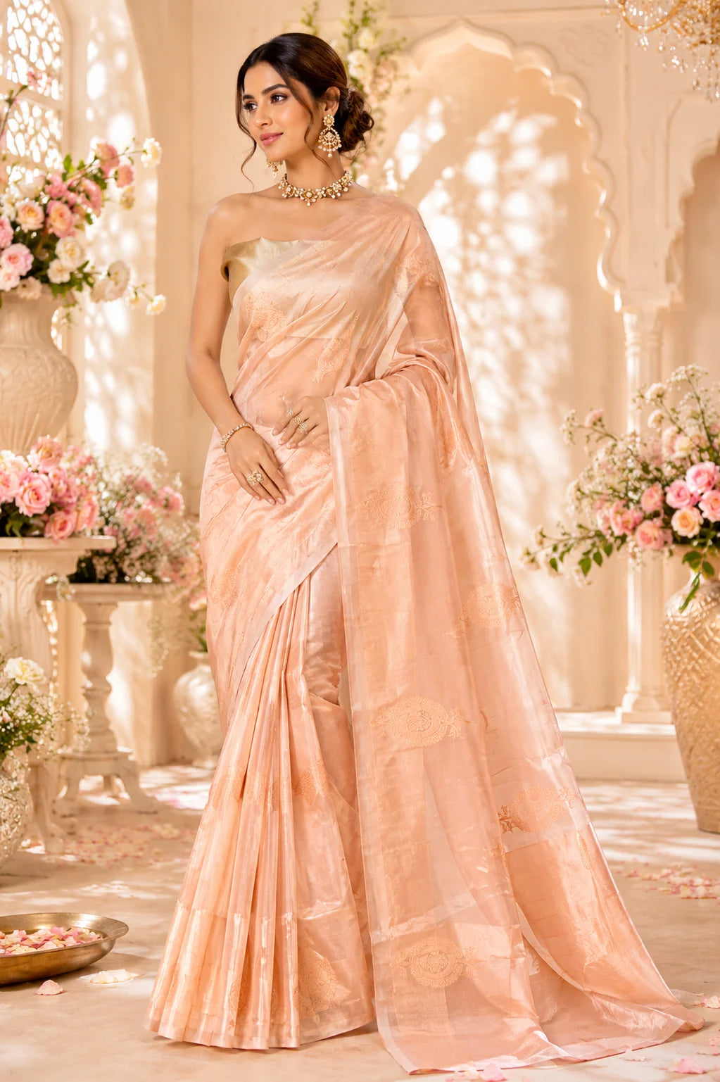 Beige Striped Handloom Tissue Silk Saree
