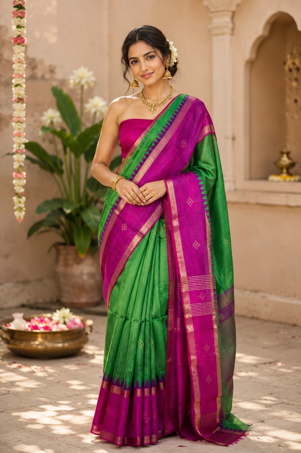 Bright Green Zari Buta Raw Silk Saree