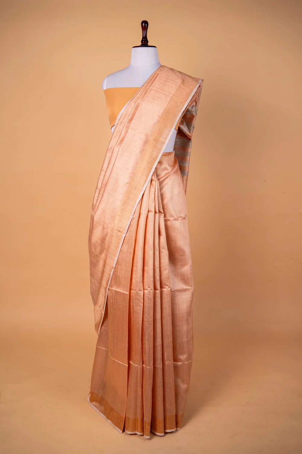 Light Peach Handloom Raw Silk Saree