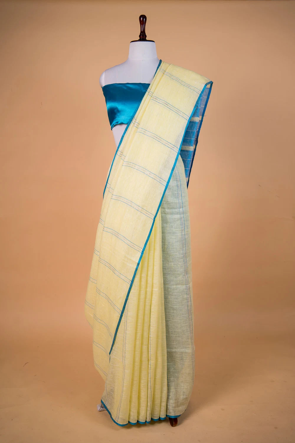 Yellow & Blue Stripes Pure Linen Saree