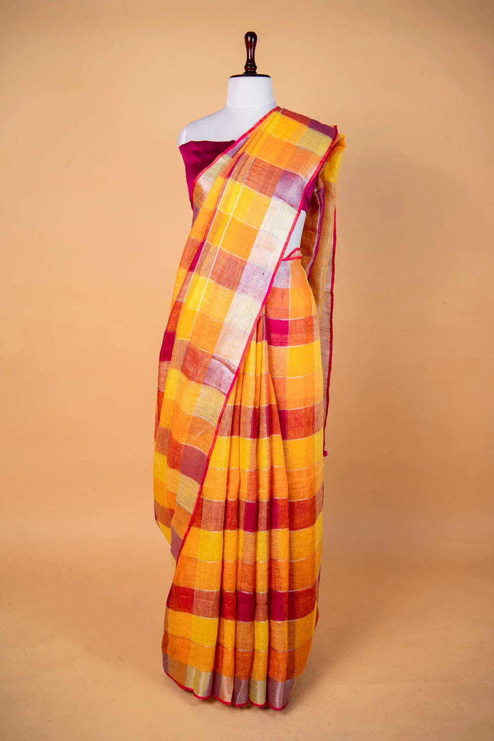 Yellow & Orange Multi Checks Pure Linen Saree