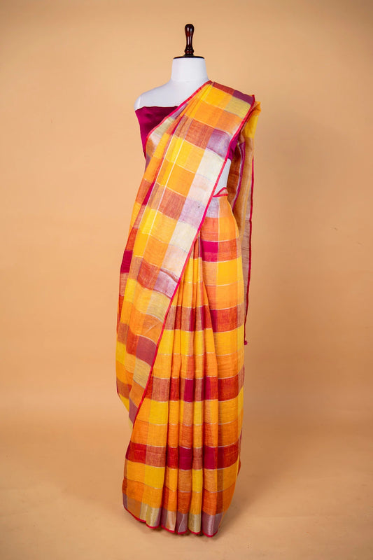 Yellow & Orange Multi Checks Pure Linen Saree