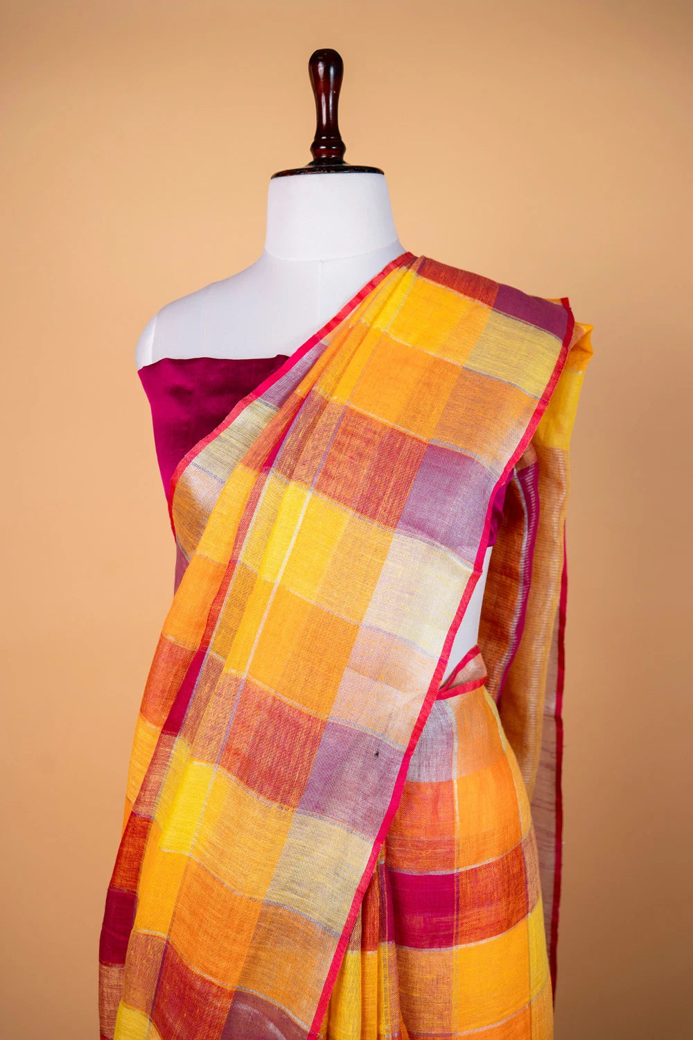 Yellow & Orange Multi Checks Pure Linen Saree