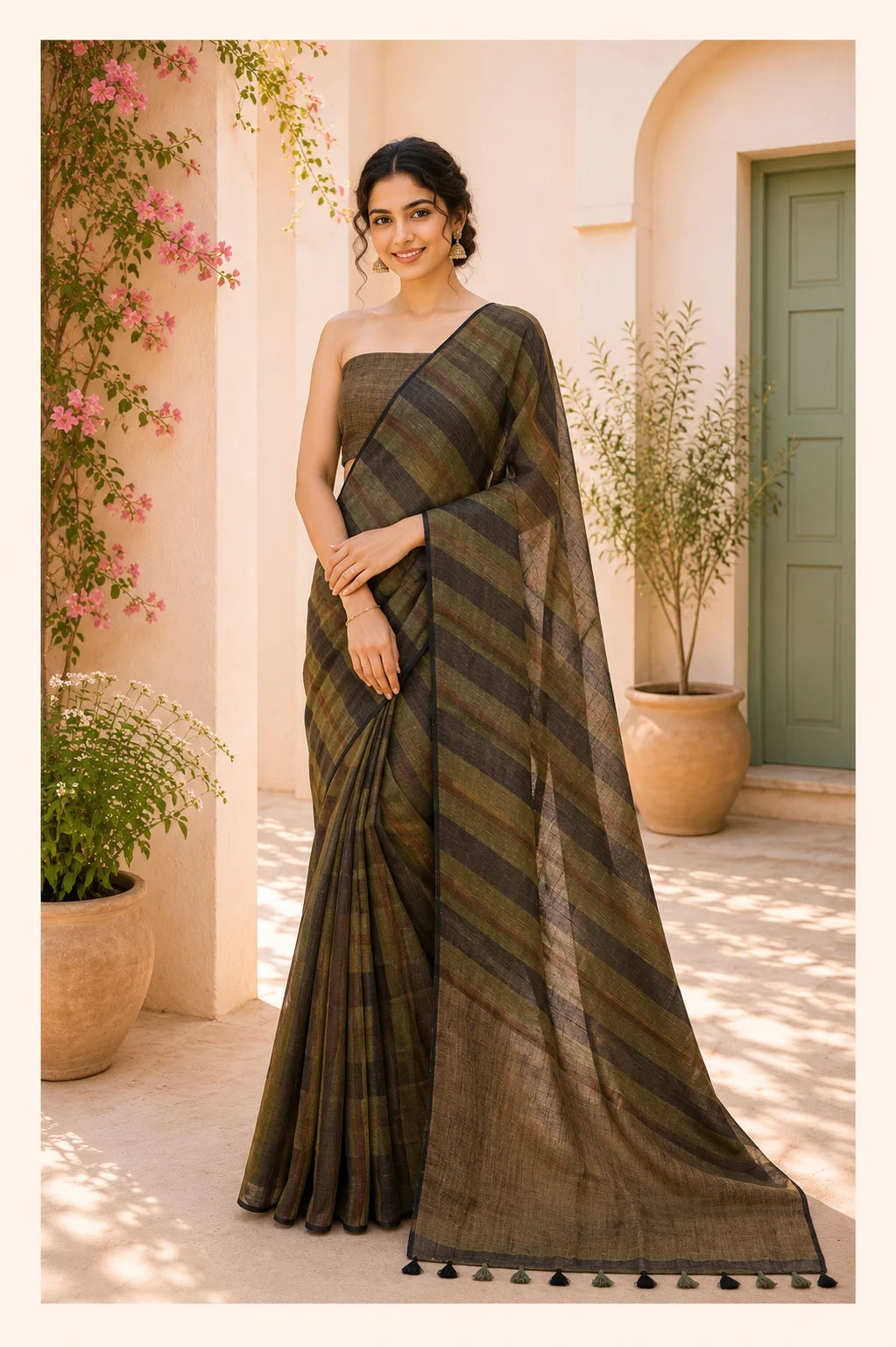 Mehndi Green Pure Linen Saree