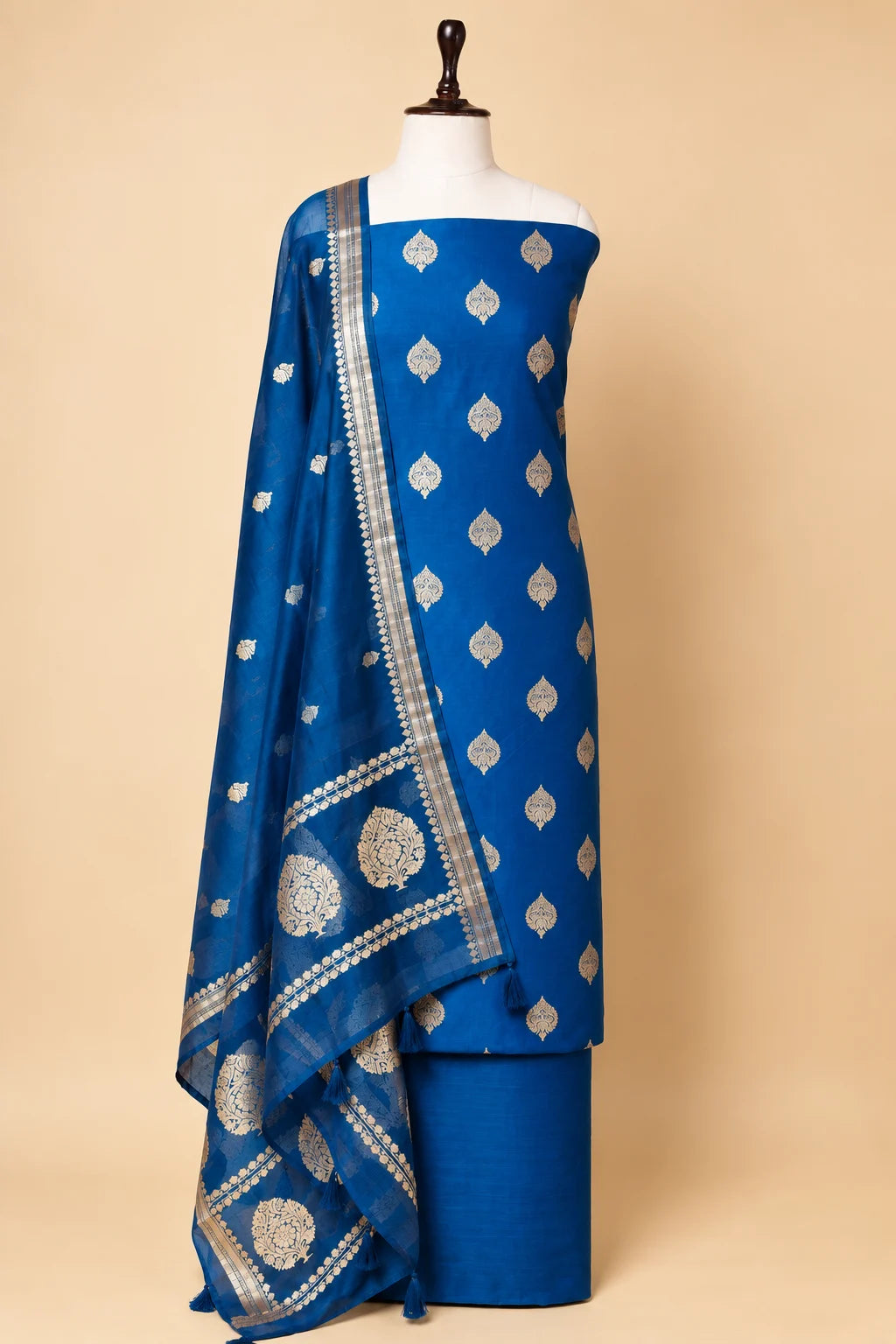 German Blue Handwoven Chiniya Silk Suit Set