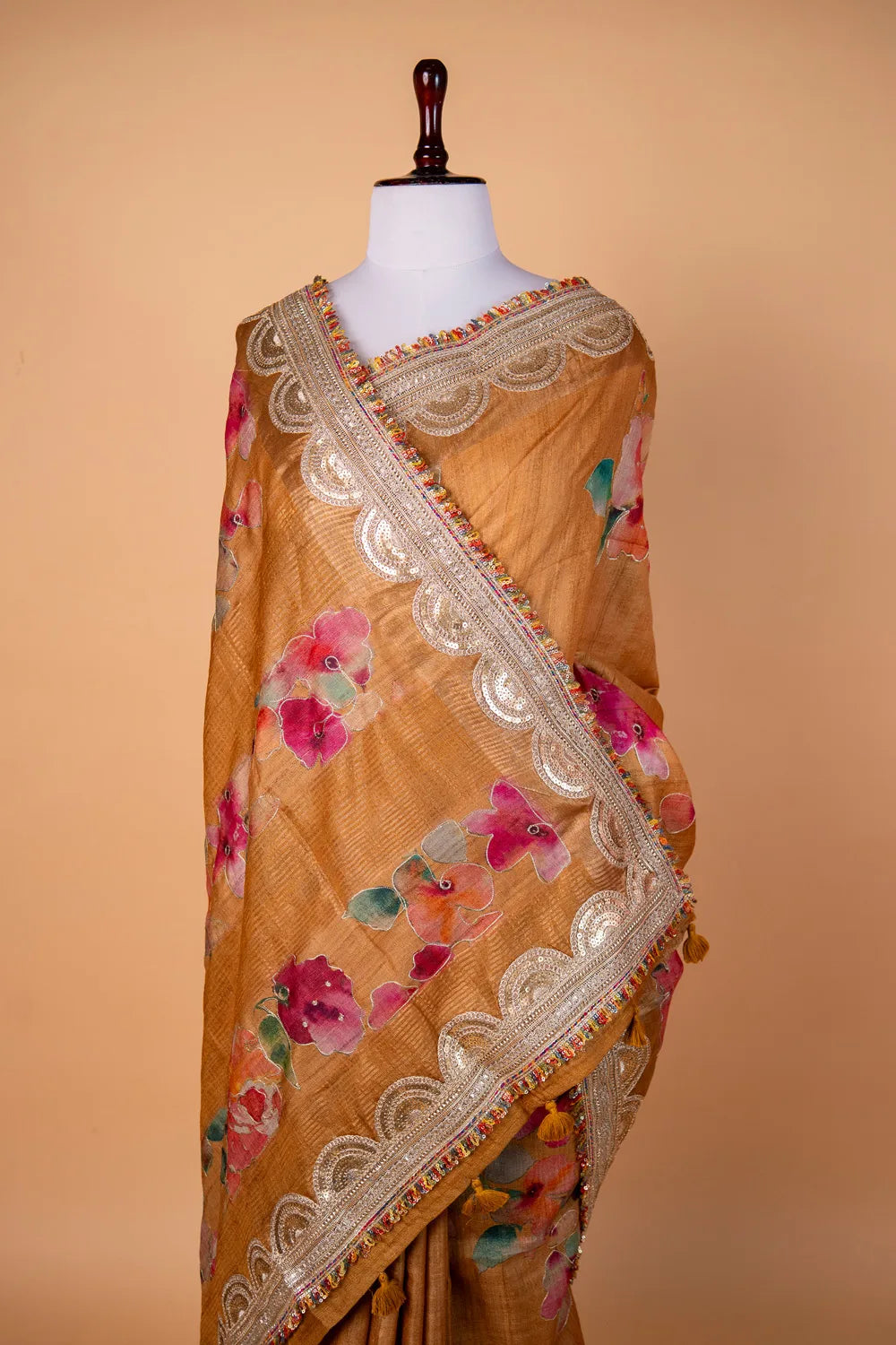 Beige Floral Embellished Tussar Silk Saree