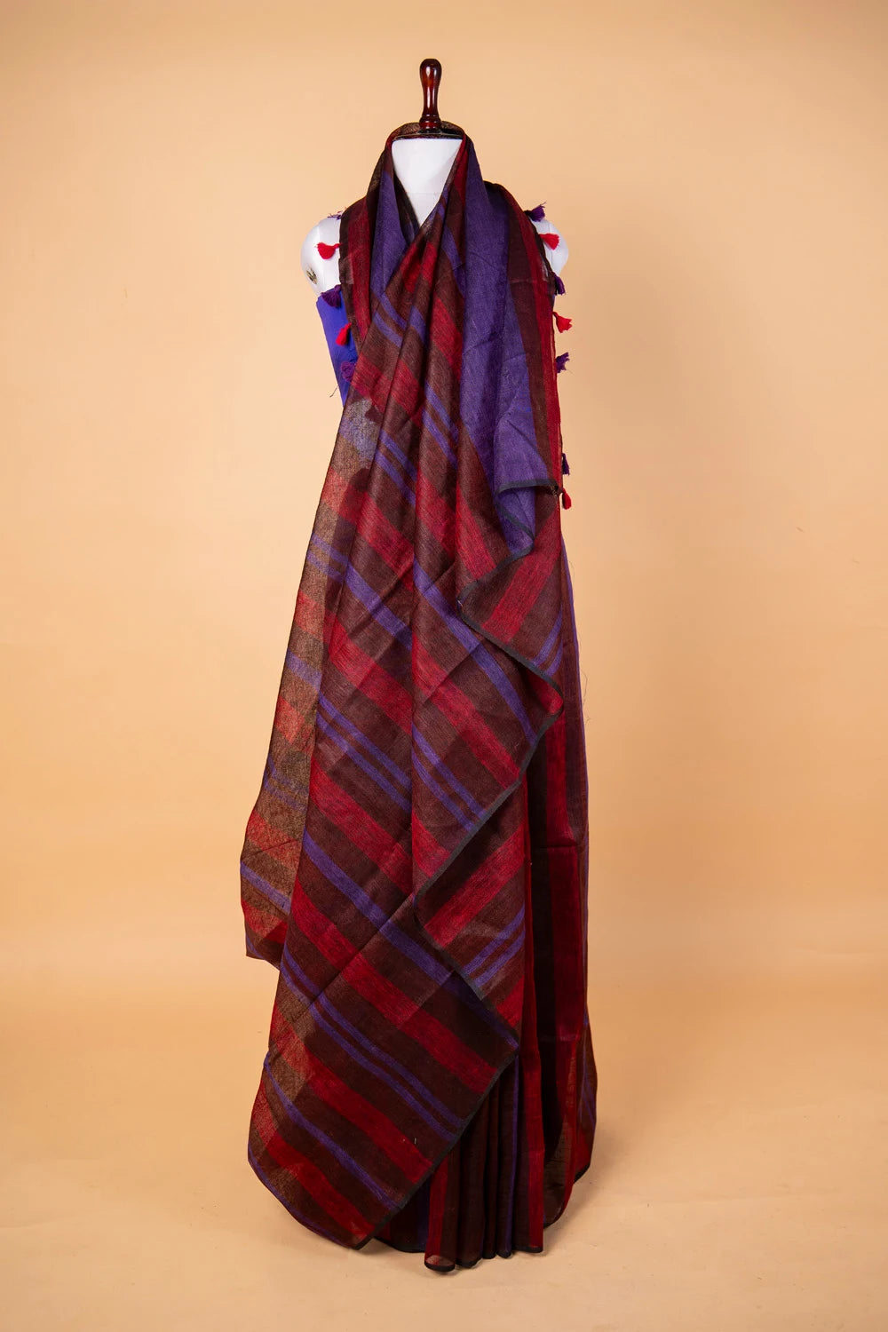 Maroon & Brown Striped Pure Linen Saree