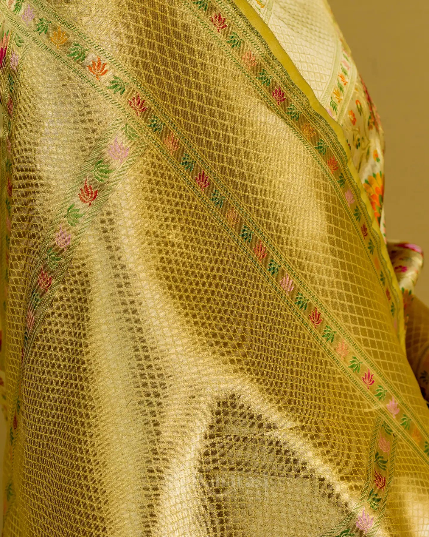 Beige Multi Resham Weaving Tissue katan Banarasi Silk Saree