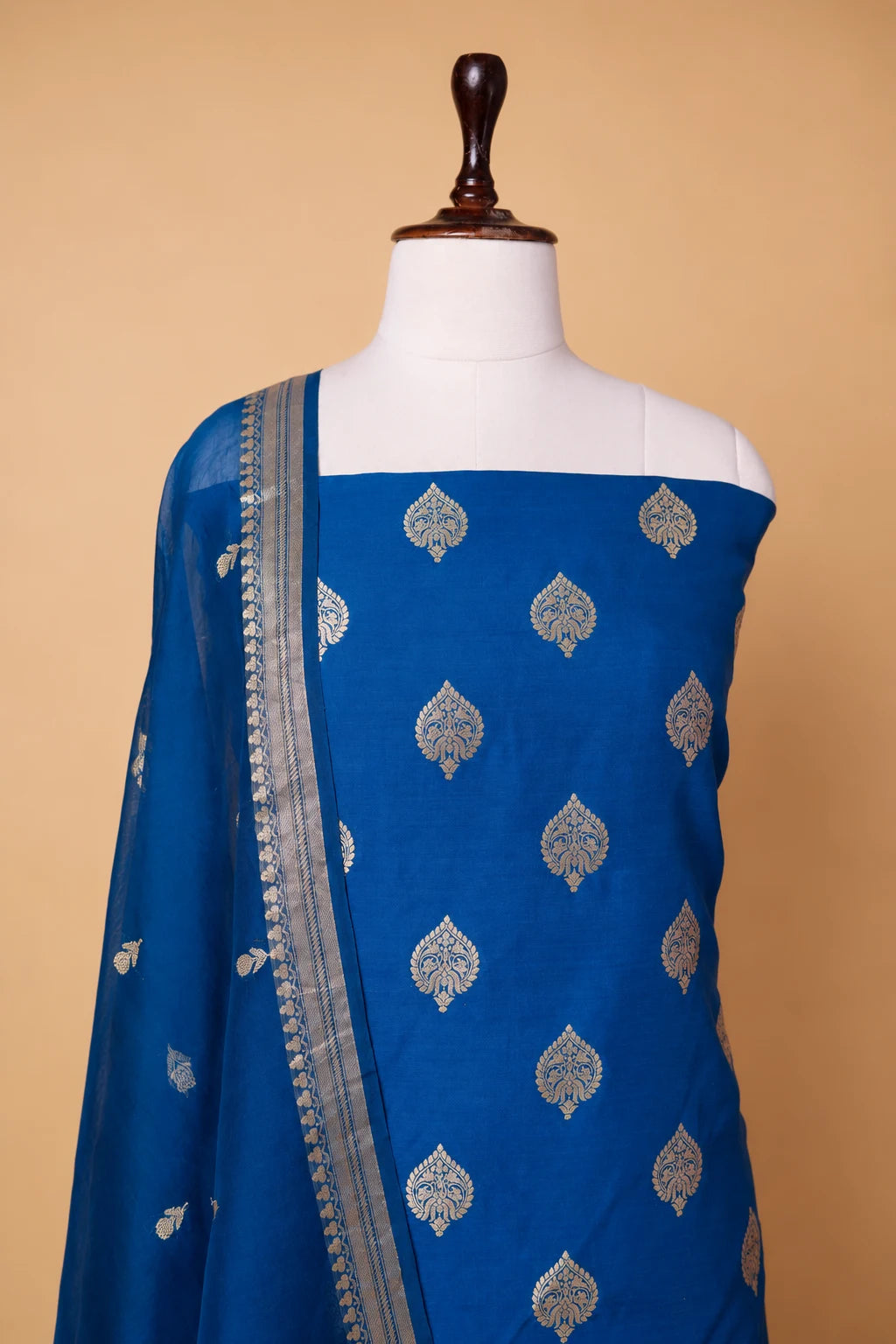 German Blue Handwoven Chiniya Silk Suit Set