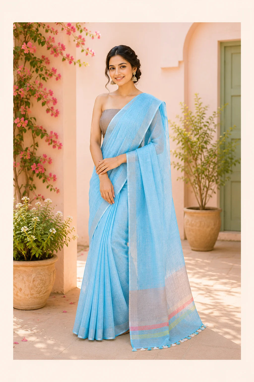 Sky Blue Striped Pure Linen Saree