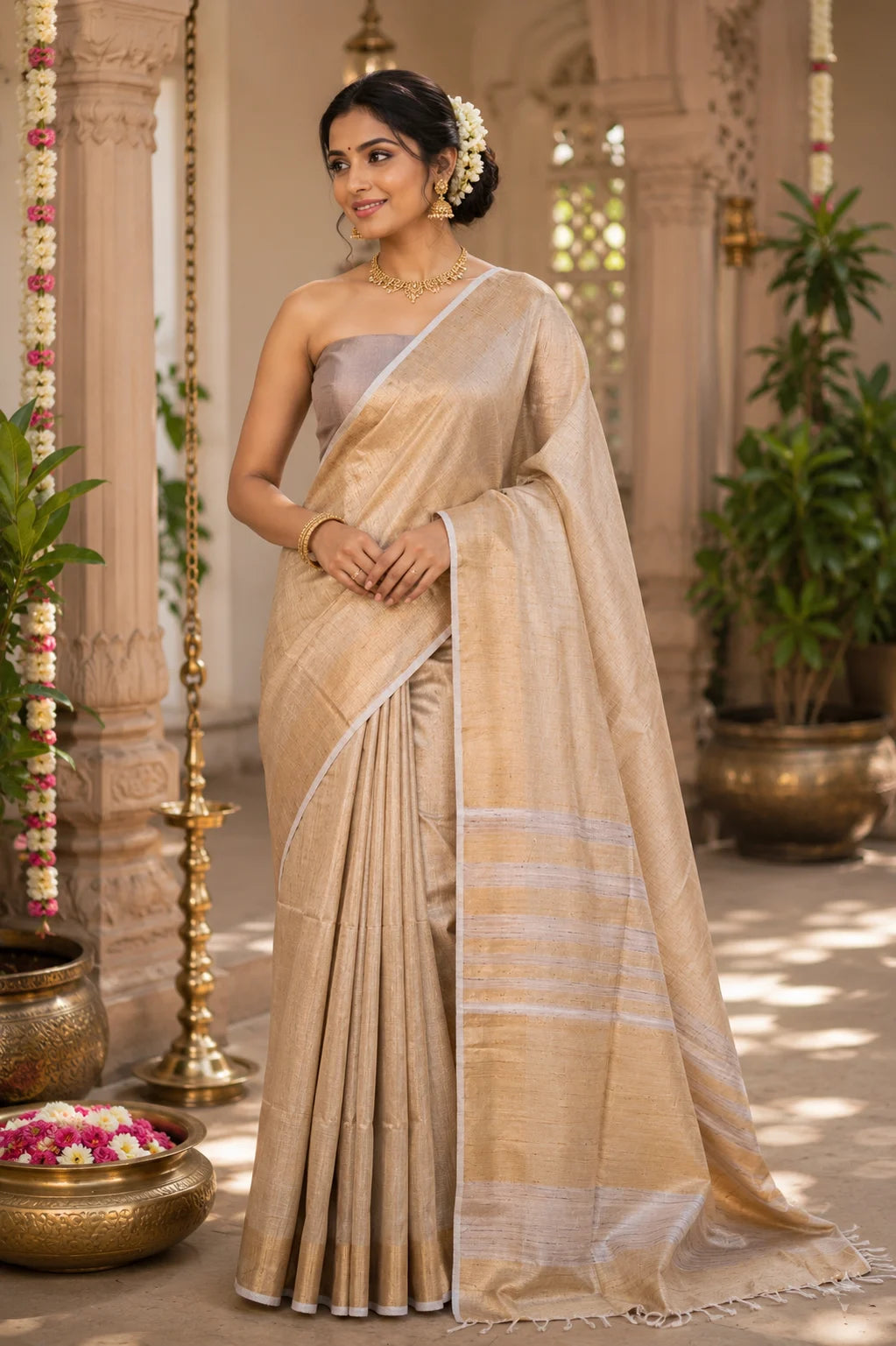Beige Handloom Raw Silk Saree