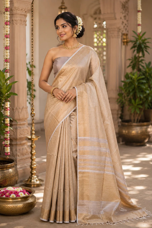 Beige Handloom Raw Silk Saree