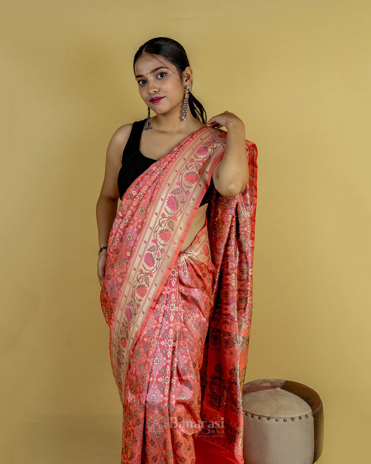 Peach Ikkat Handwoven Katan Banarasi Silk Saree
