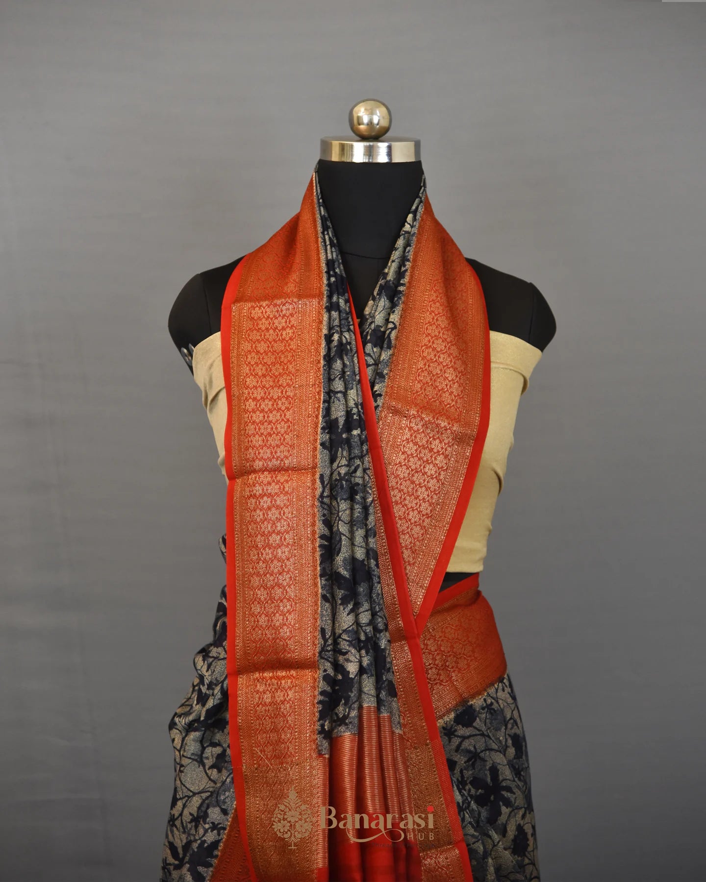 Blue & Beige Block Printed Chanderi Banarasi Silk Saree