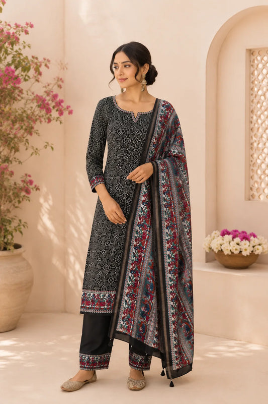 Black Cotton Printed Suit