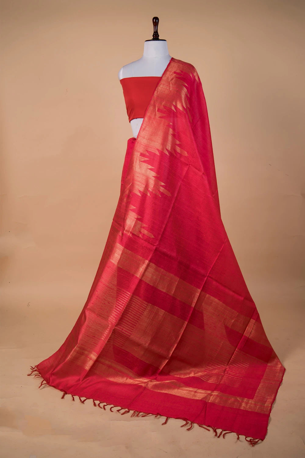 Hot Pink Temple Border Raw Silk Saree