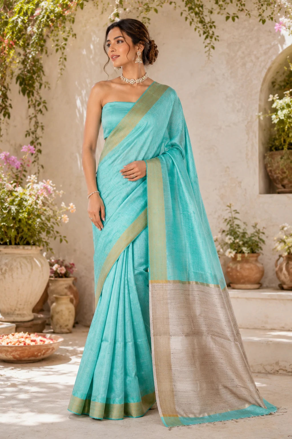 Sea Green Handloom Raw Silk Saree
