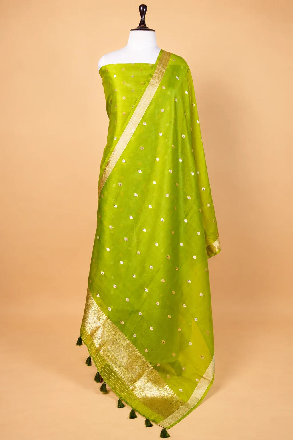 Olive Green Handwoven Chiniya Silk Suit Set