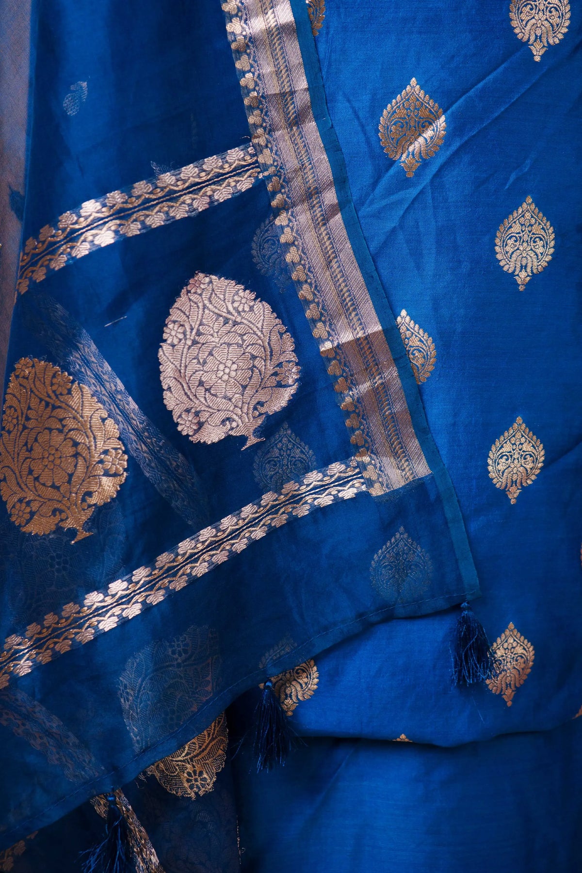 German Blue Handwoven Chiniya Silk Suit Set