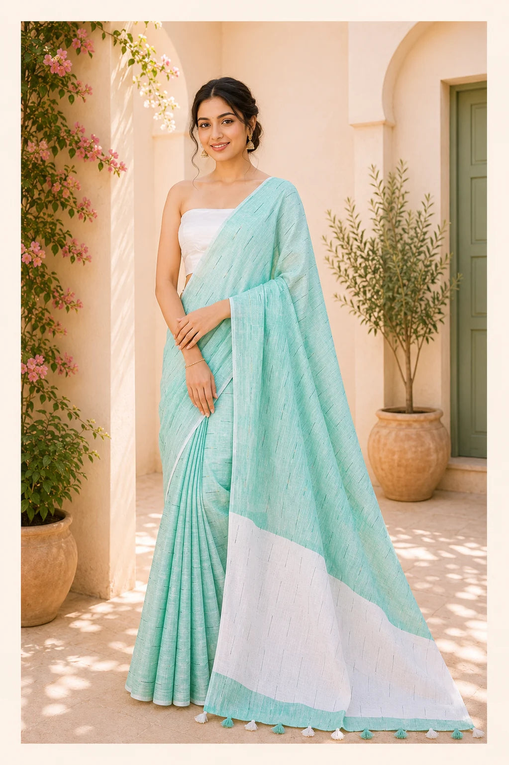 Sea Green Pure Linen Saree