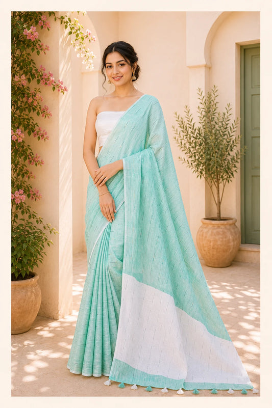 Sea Green Pure Linen Saree