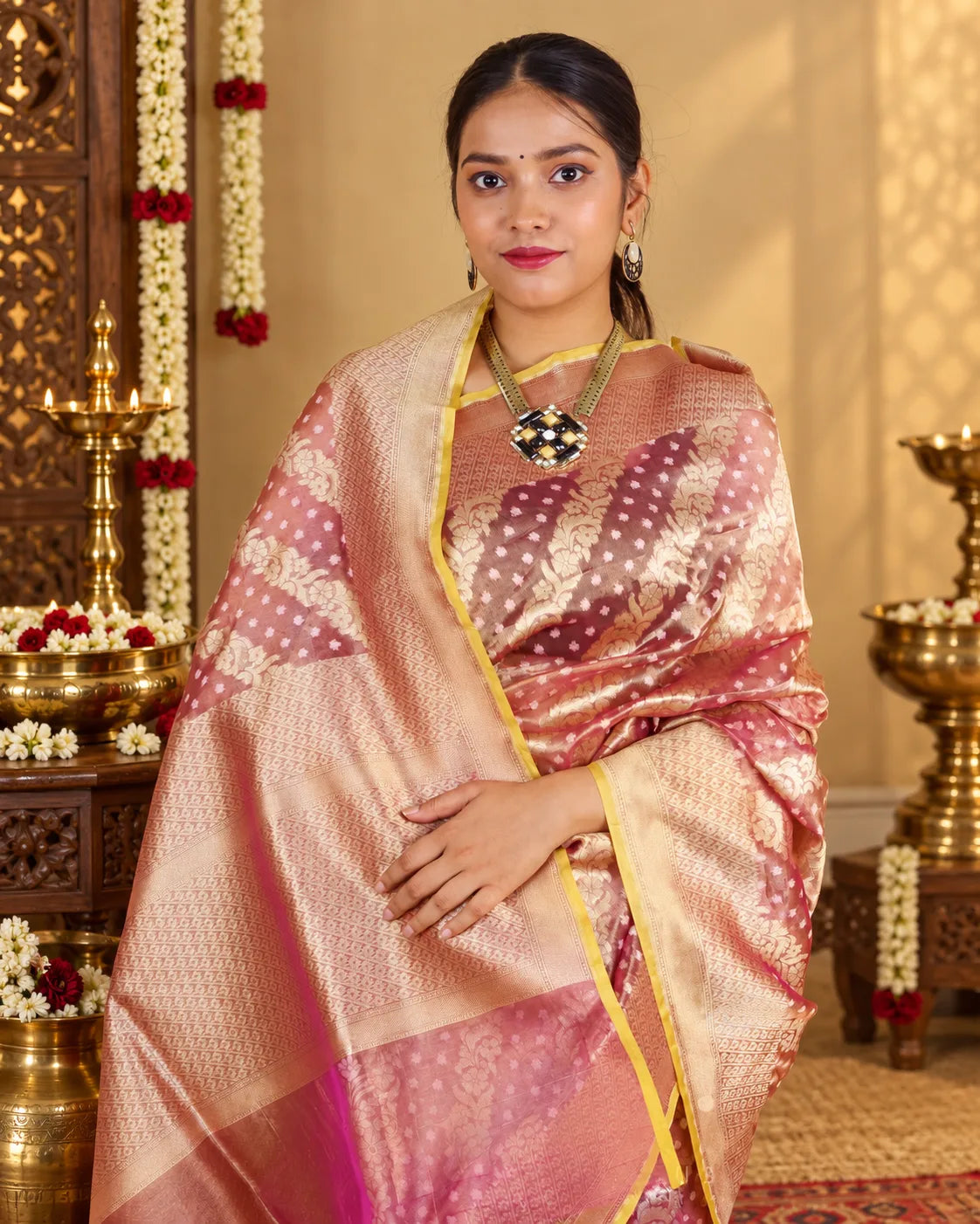 Golden Metallic Purple Tissue Banarasi Silk Saree