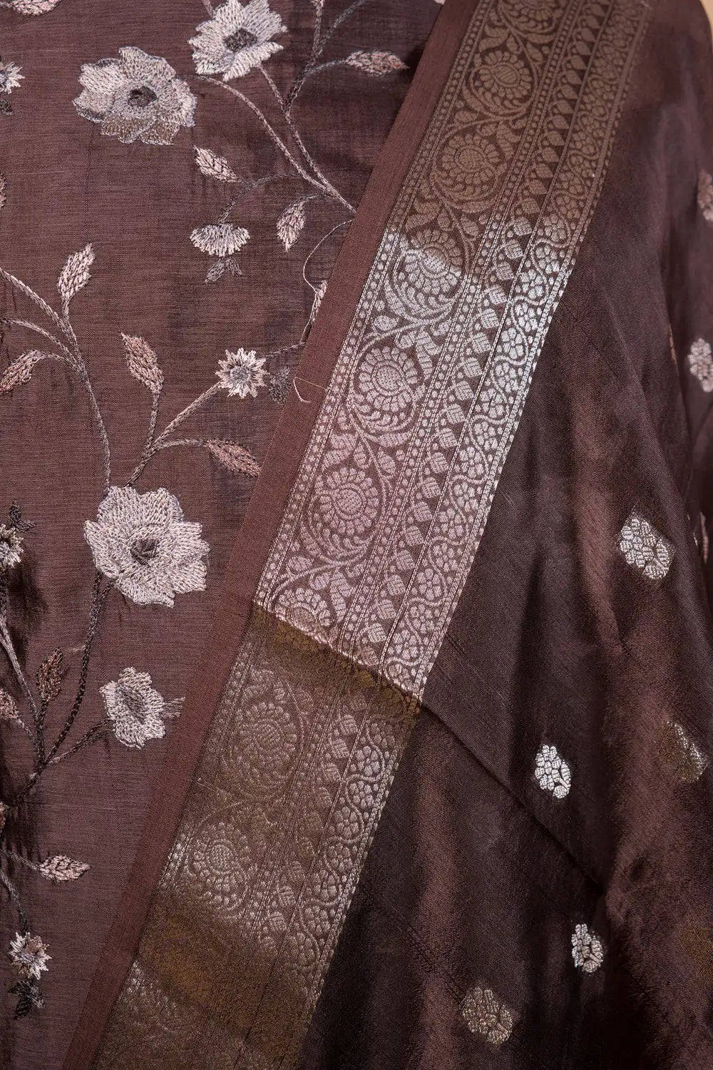 Coffee Brown Embroidered Puna Silk Suit