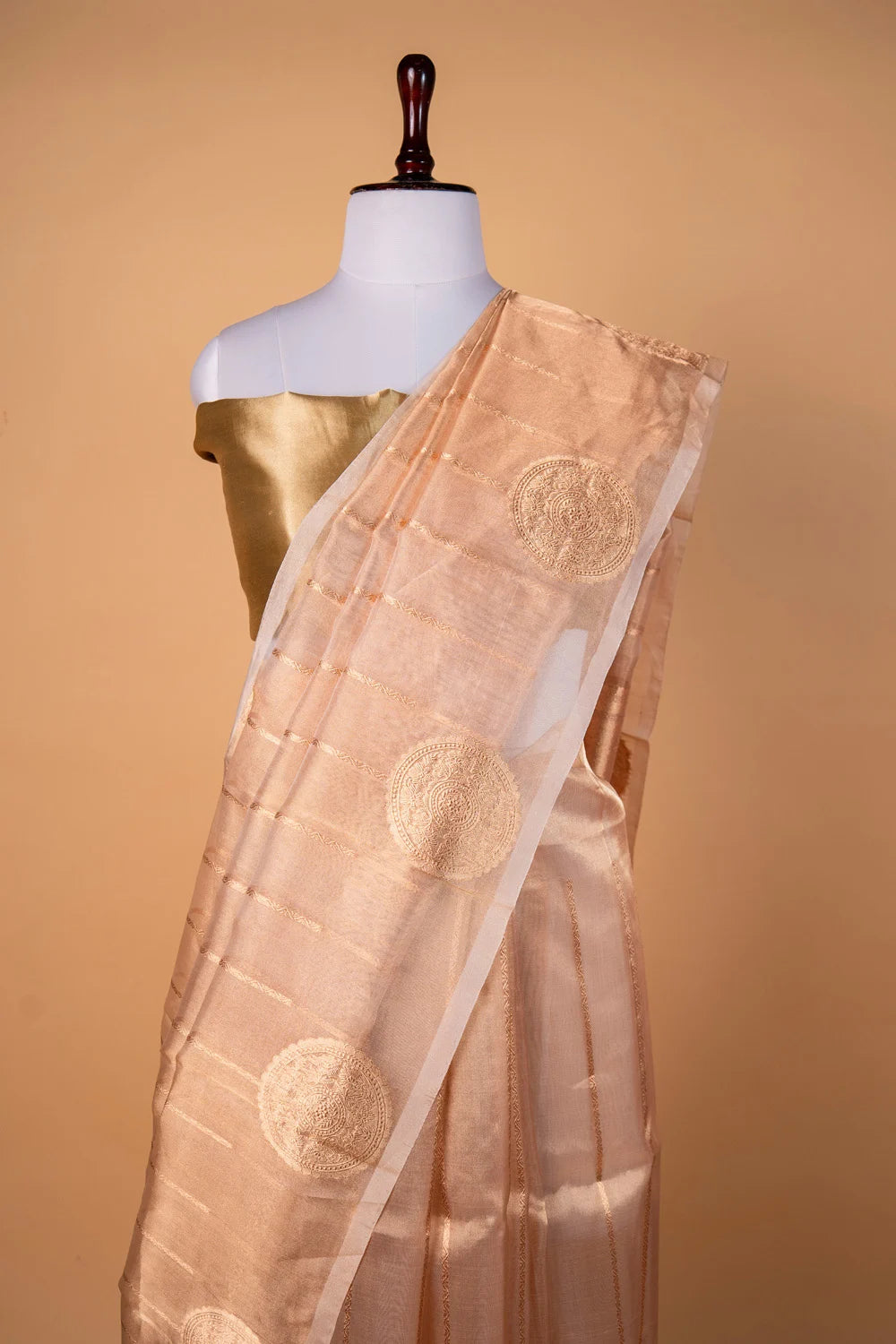 Beige Striped Handloom Tissue Silk Saree
