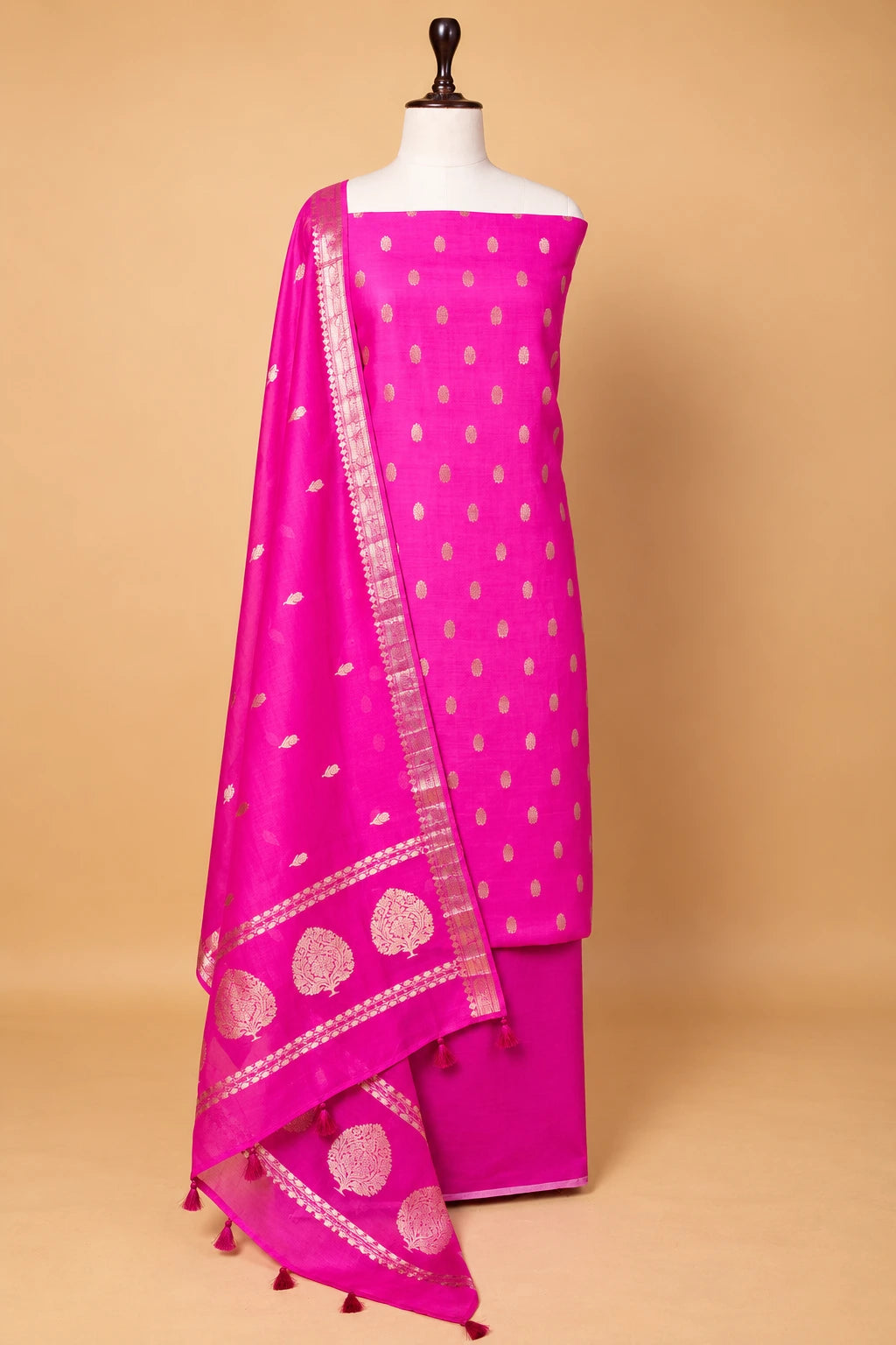 Rani Pink Handwoven Chiniya Silk Suit Set